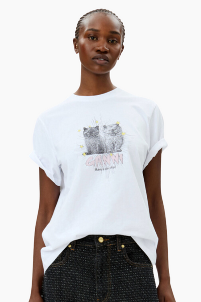 Basic Jersey Kittens Relaxed T-Shirt T4060 - Bright White - GANNI