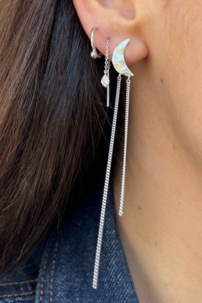 Bella Moon Earring With Long Chains - Silver - Stine A