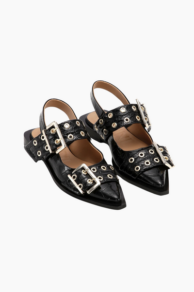 Feminine Buckle Ballerina Patent Croco S2796 - Black - Ganni