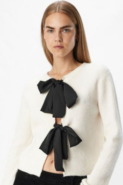 Objparvi Sateen Bow Knit Cardigan Div - White Sand/Black Bows - Object