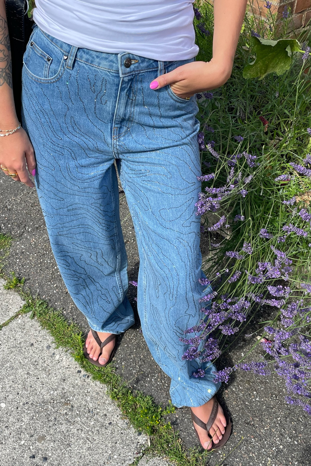 Rhinestone Wide Leg Jeans - Light Blue Denim - ROTATE