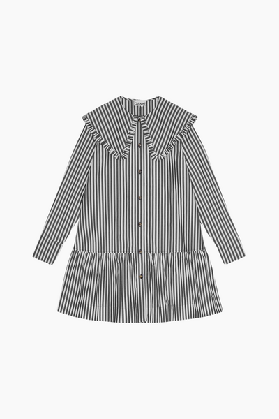 Stripe Cotton Big Collar Mini Shirt Dress W0098 - Black - GANNI