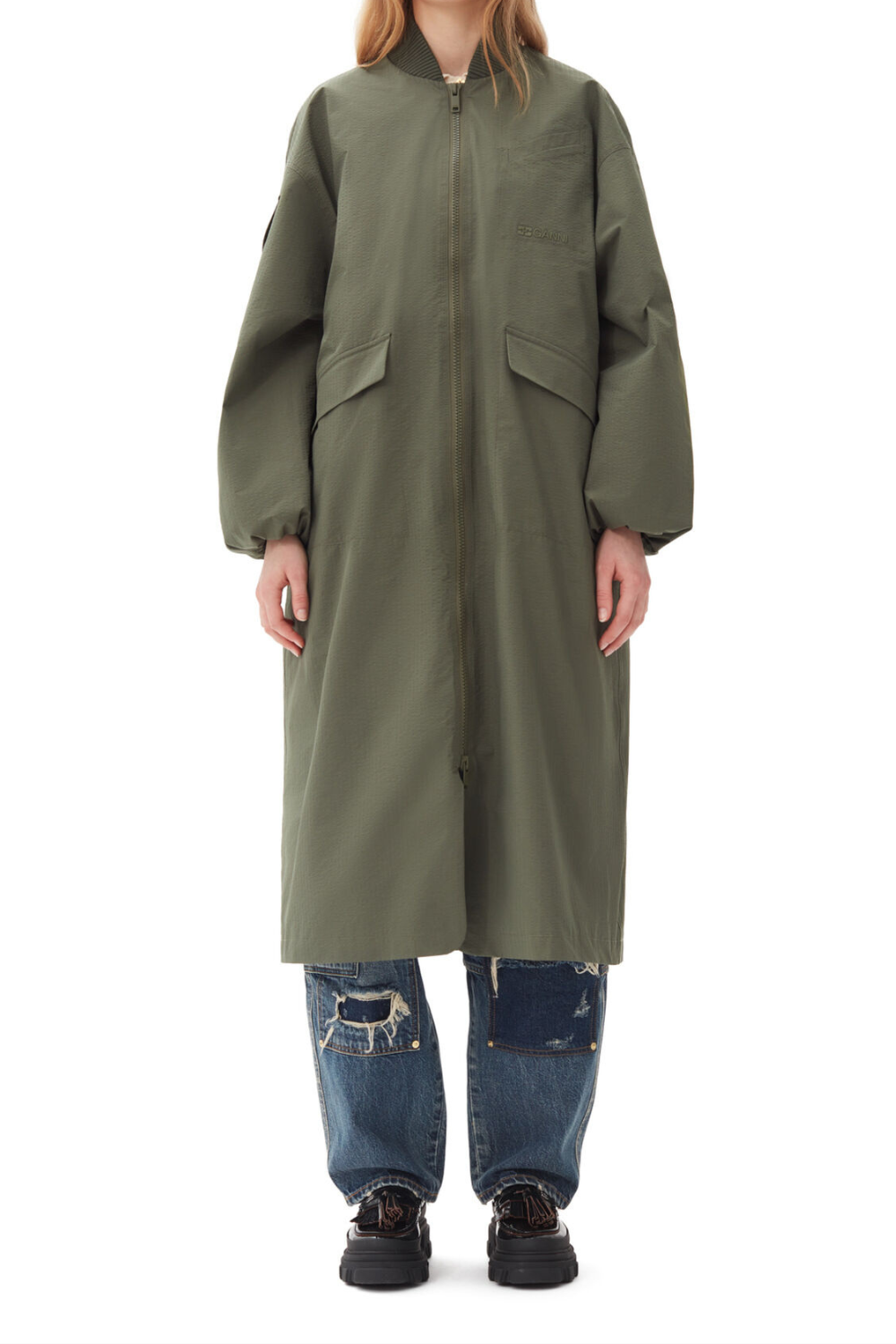 Tech Seersucker Oversized Shell Coat F9717 - Beetle - GANNI