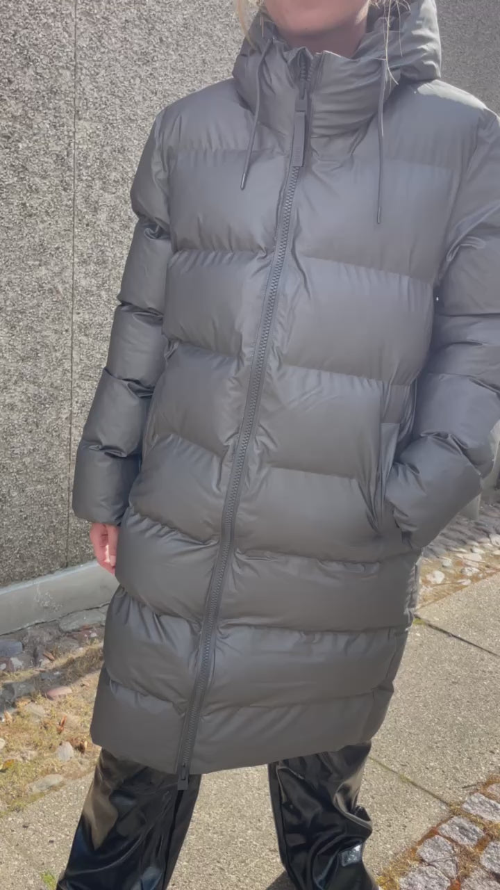 Rains® Alta Long Puffer Jacket in Metallic Grey for $515